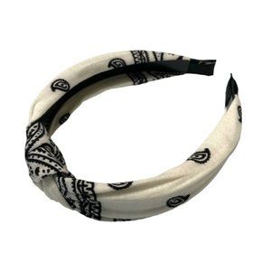 White Soft Fabric Bandana Print Fashion Headband w/ Top Knot